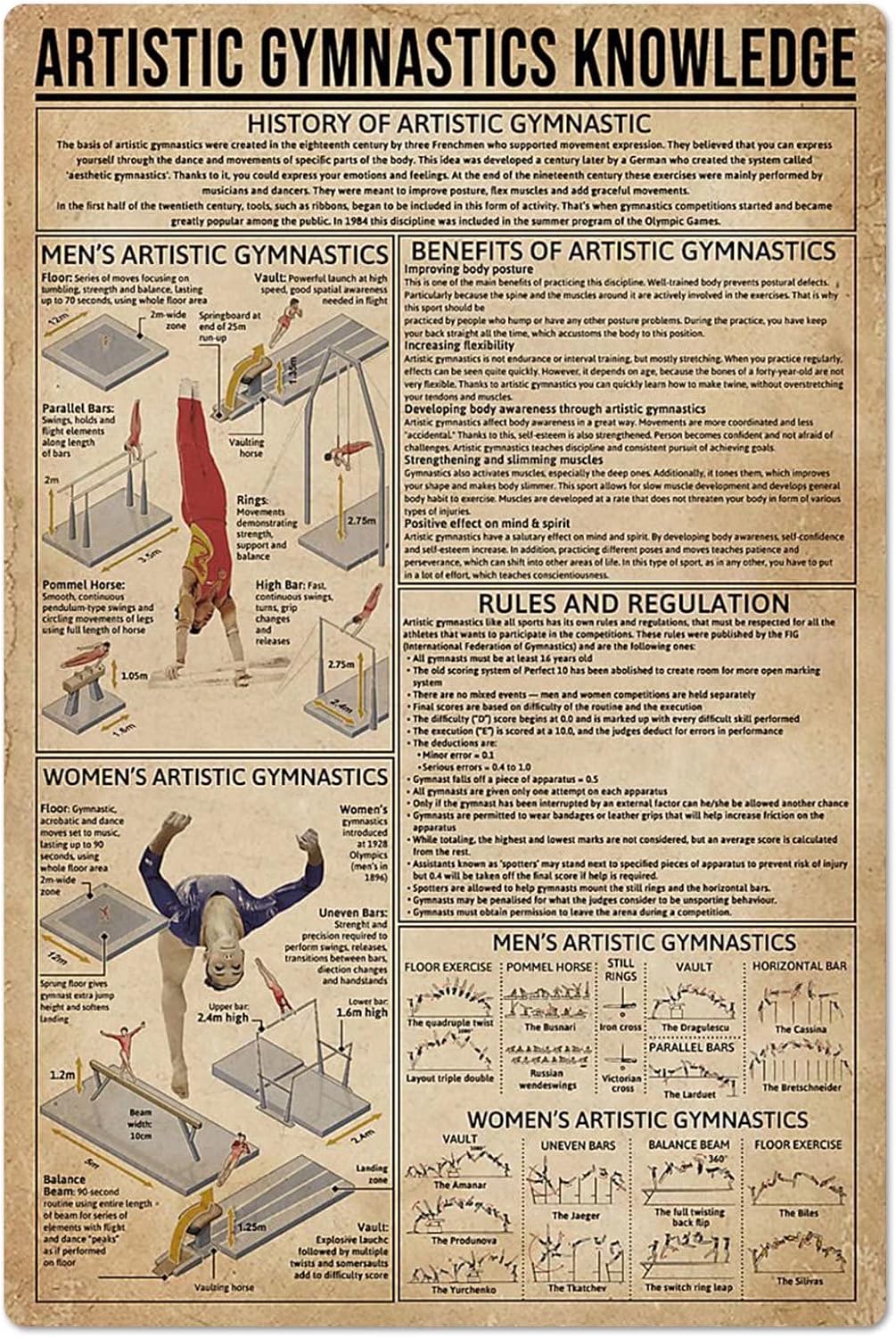 Vintage Collectible Posters - لافتة معدنية بتصميم فني لعلم الجمباز،